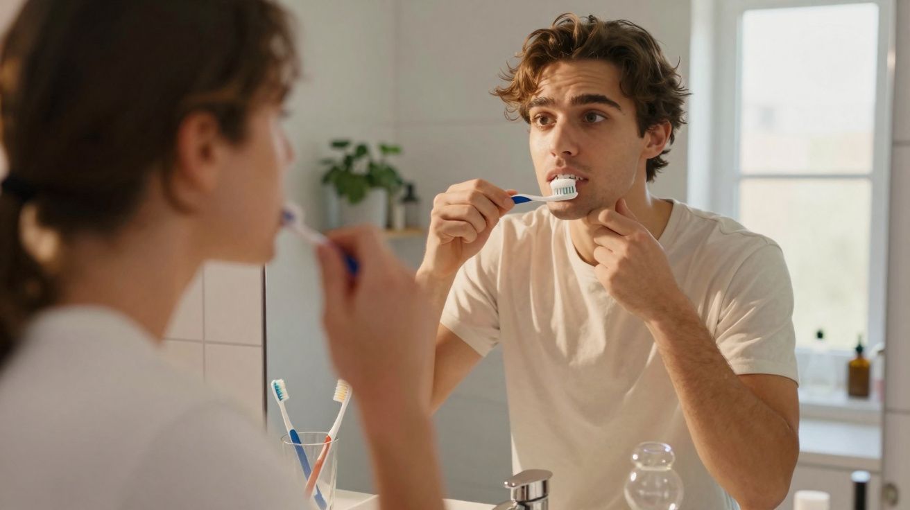 Jovem a escovar os dentes em frente ao espelho na casa de banho iluminada pela luz natural.