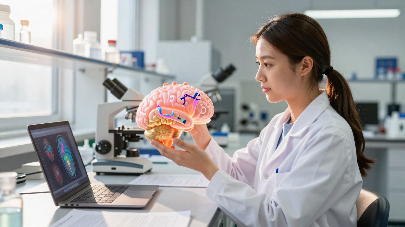 Cientista de bata branca a estudar um modelo digital de cérebro num laboratório com microscópio e computador.