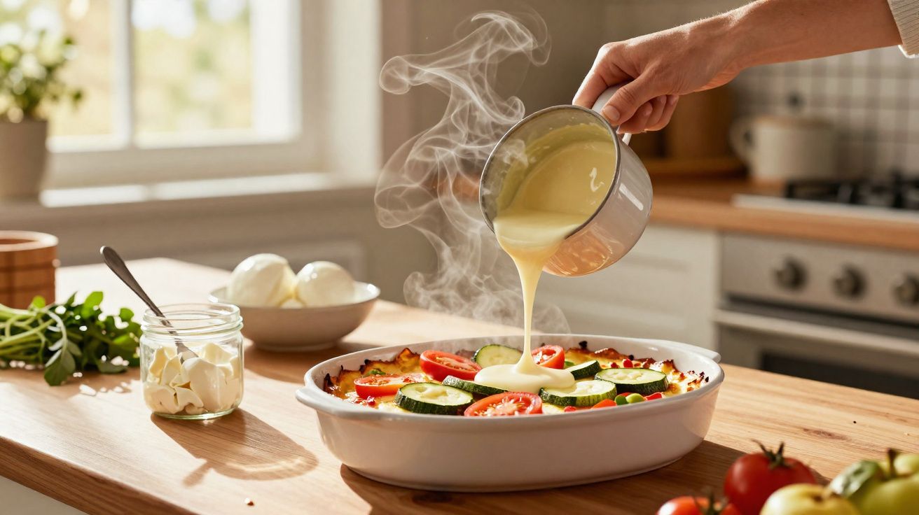 Molho quente a ser derramado sobre uma travessa de legumes assados numa cozinha iluminada.