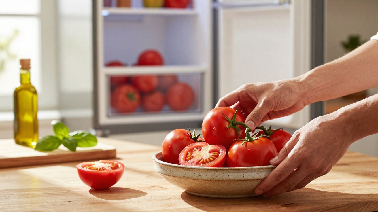 Mãos a colocar tomates frescos num prato em madeira, com mais tomates e azeite ao fundo.