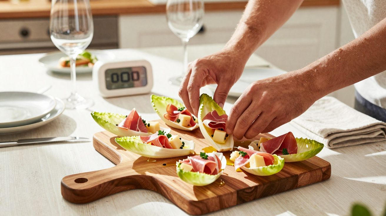 Mãos a preparar entradas com alface, queijo, fiambre e salsa num tabuleiro de madeira numa mesa posta.