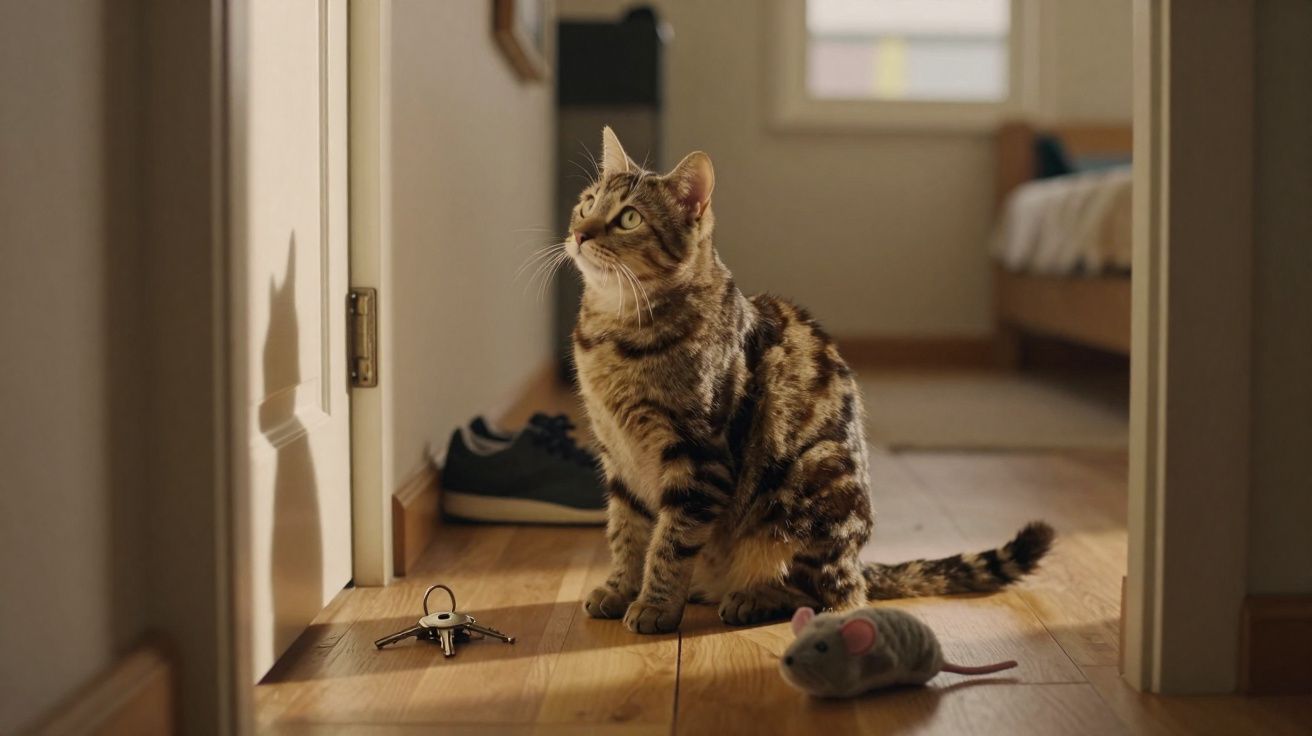 Gato tigrado sentado no chão de madeira junto a brinquedo de rato e um molho de chaves num corredor iluminado.