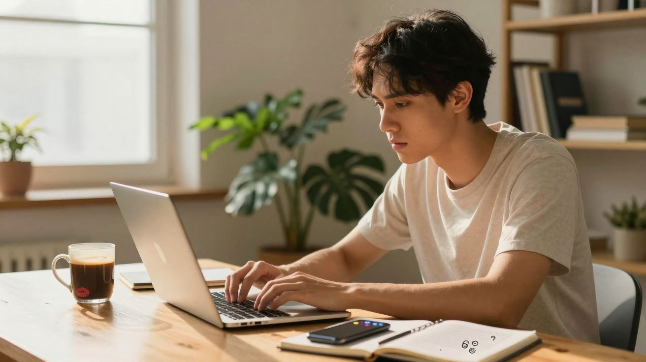 Jovem concentrado a trabalhar num portátil numa mesa com caderno, telemóvel e chá numa sala bem iluminada.