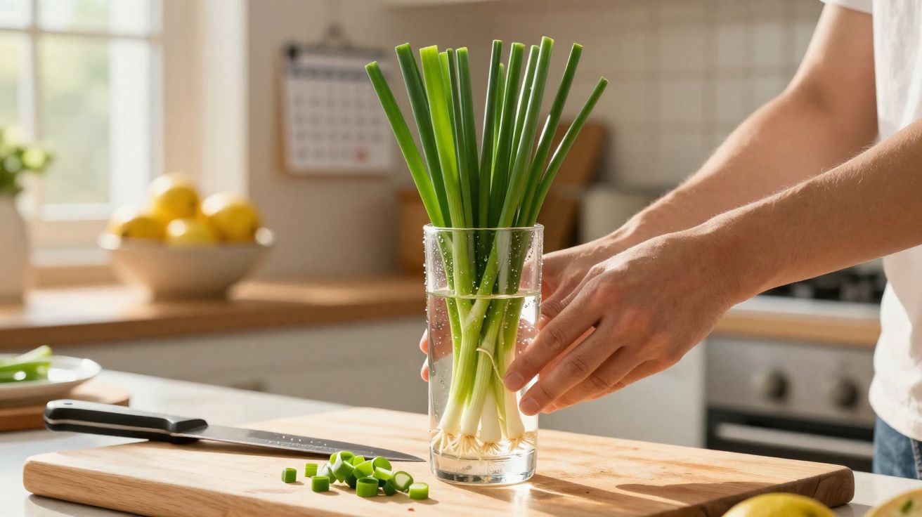 Mãos a colocar cebolinho num copo com água sobre uma tábua de cortar na cozinha.