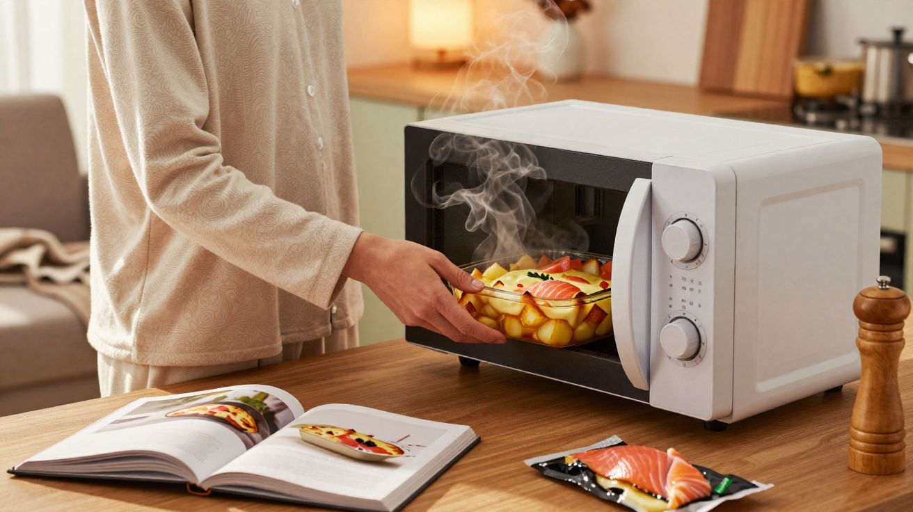 Pessoa a retirar prato quente de vidro com comida do micro-ondas numa cozinha moderna.