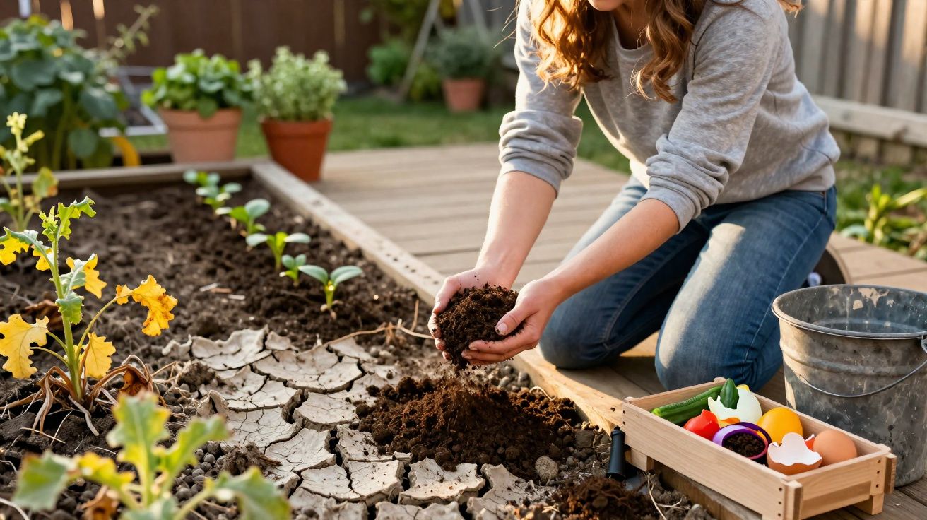 Pessoa a adicionar terra a um canteiro de jardim seco com várias plantas jovens à volta.