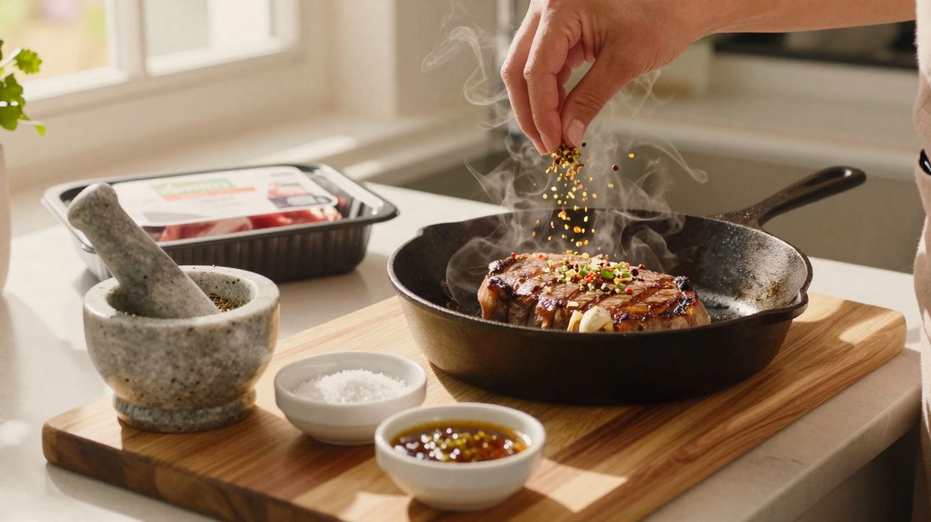 Mão a temperar bife grelhado numa frigideira, com almofariz, sal e molho numa tábua de madeira.