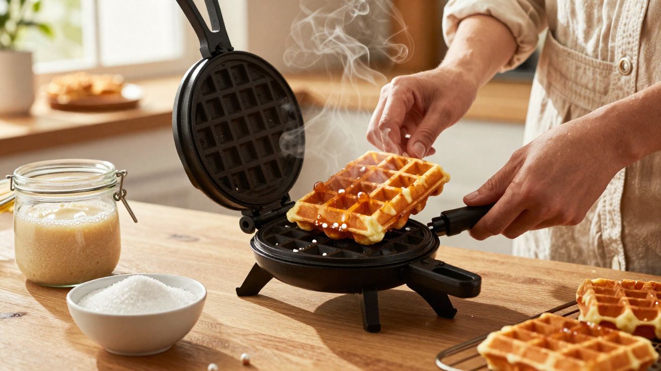Pessoa a retirar waffle quente de máquina preta num balcão de madeira com ingredientes ao lado.