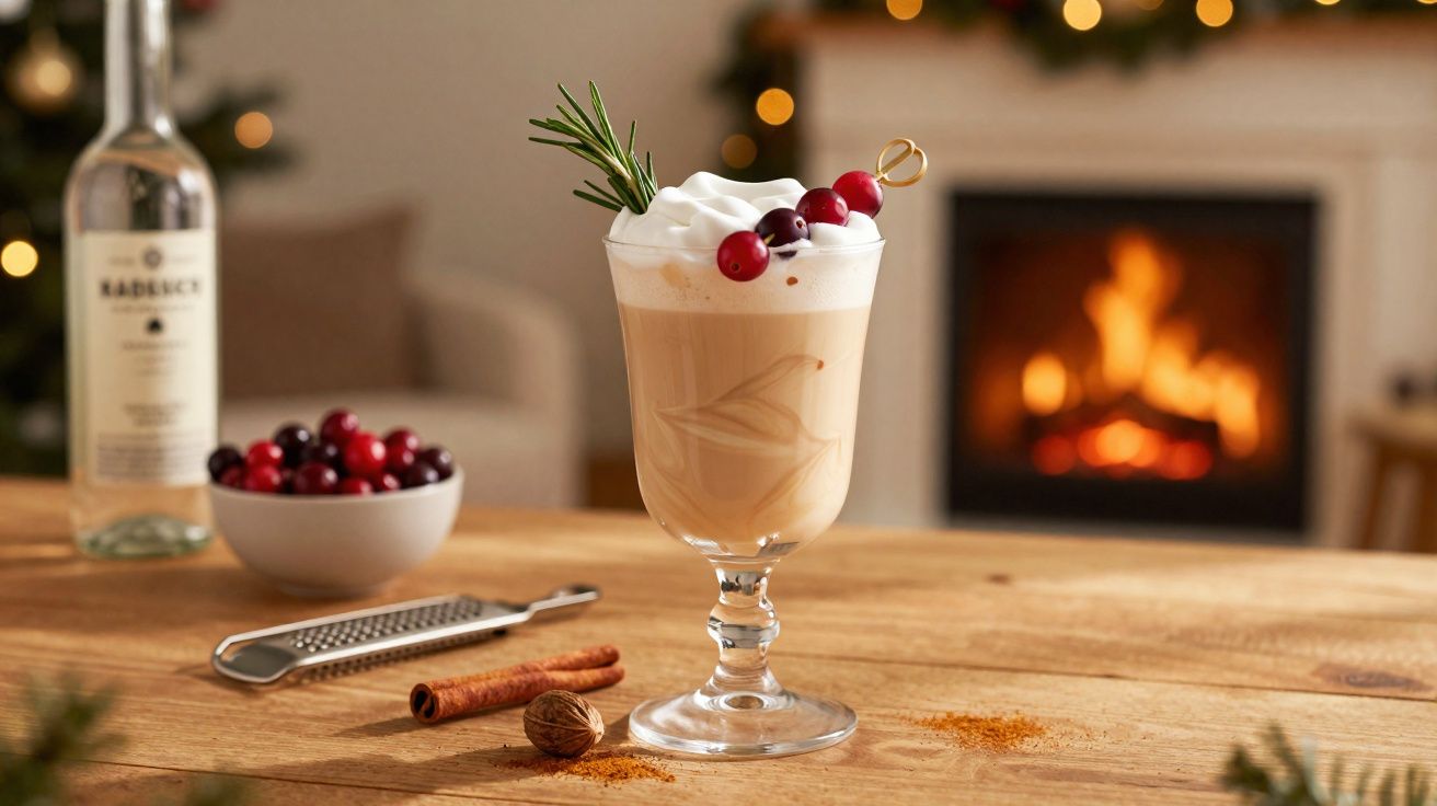 Copo de bebida cremosa decorada com frutas vermelhas e alecrim, sobre mesa de madeira, com lareira acesa ao fundo.