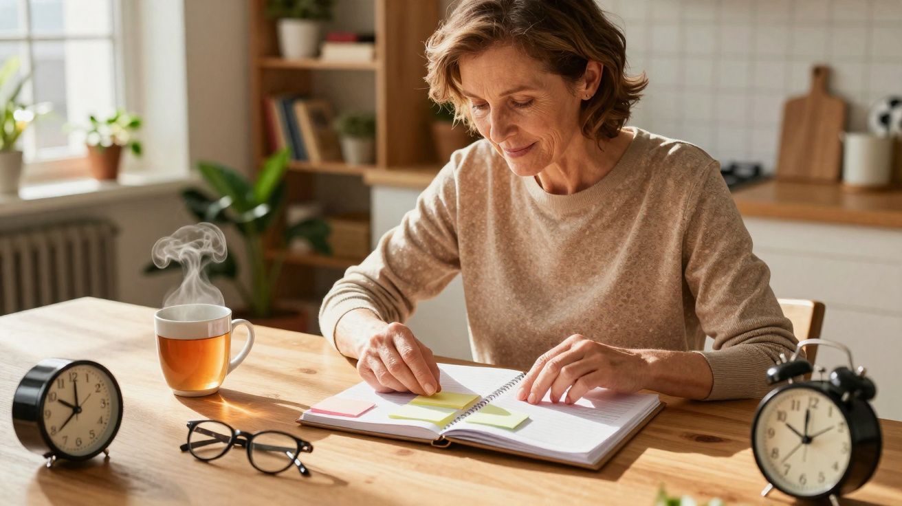 Mulher sentada a ler e organizar marcadores num caderno, com chá quente e dois despertadores na mesa.