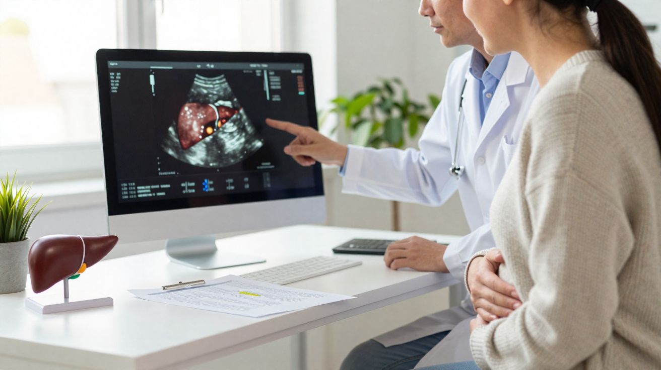 Médico mostra imagem de ecografia no computador para paciente que segura o estômago na consulta.