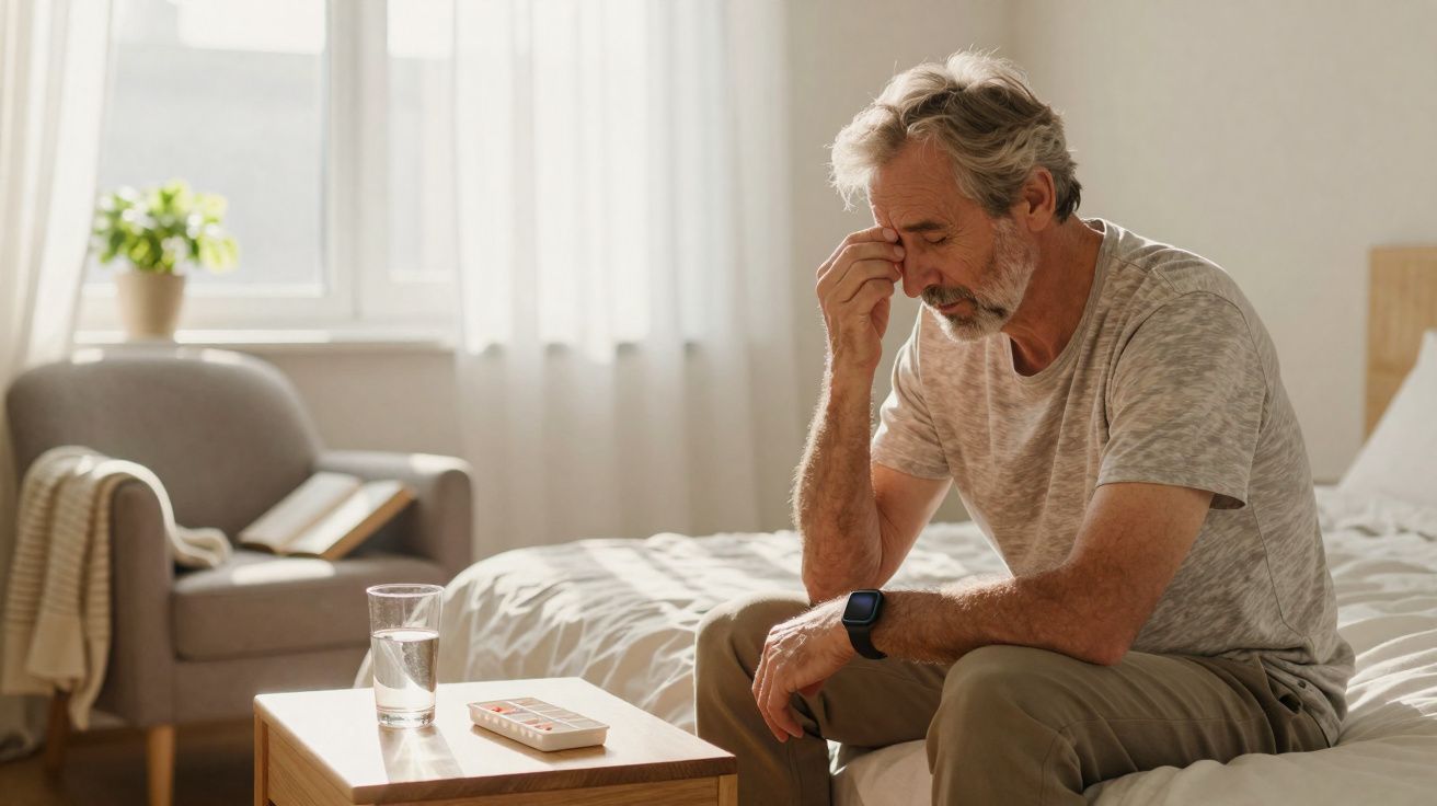 Homem de meia-idade sentado na cama com expressão preocupada e comprimidos numa mesa à frente.