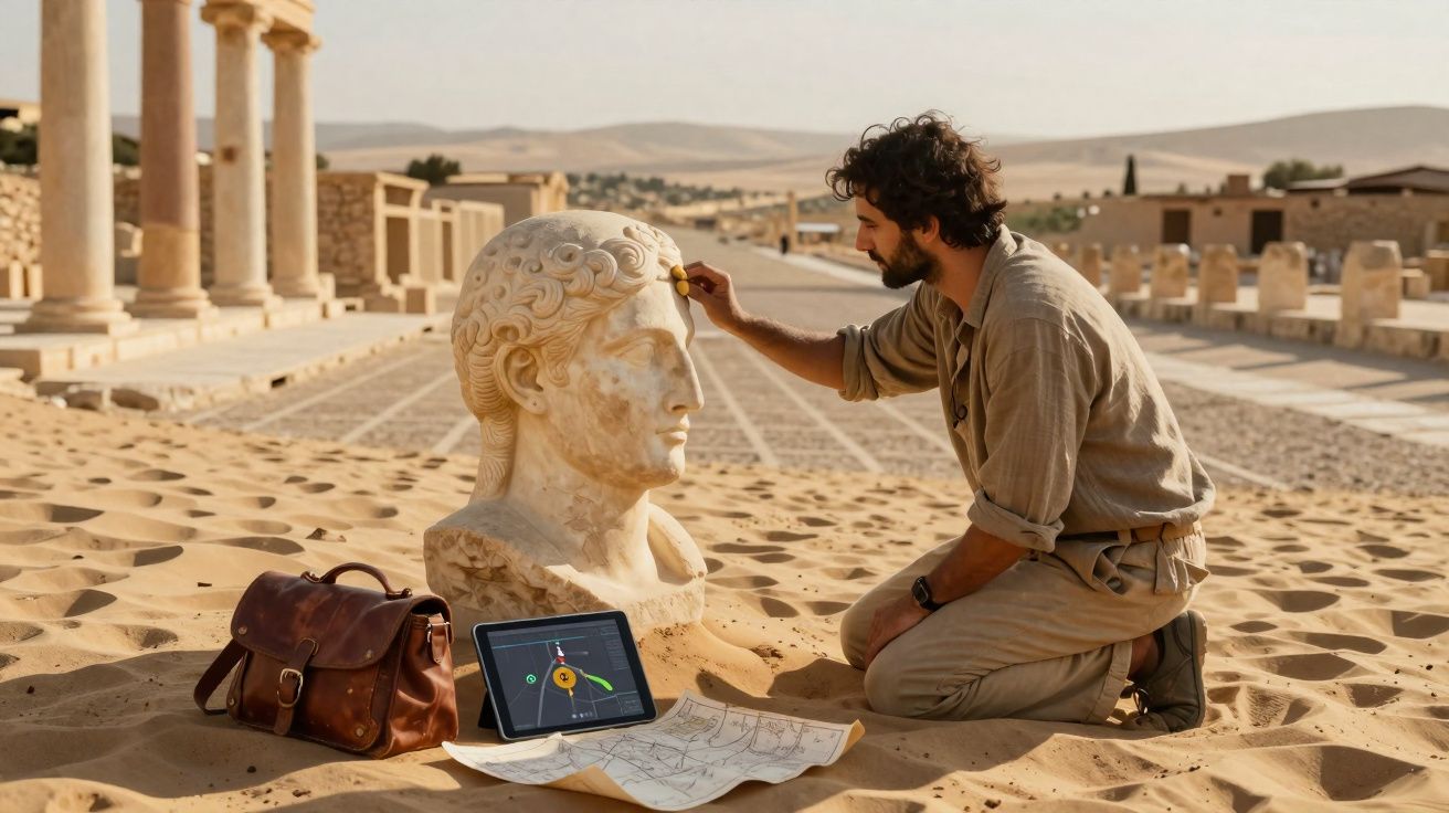 Homem a restaurar uma estátua antiga ao ar livre em sítio arqueológico com mapas e tablet no chão.