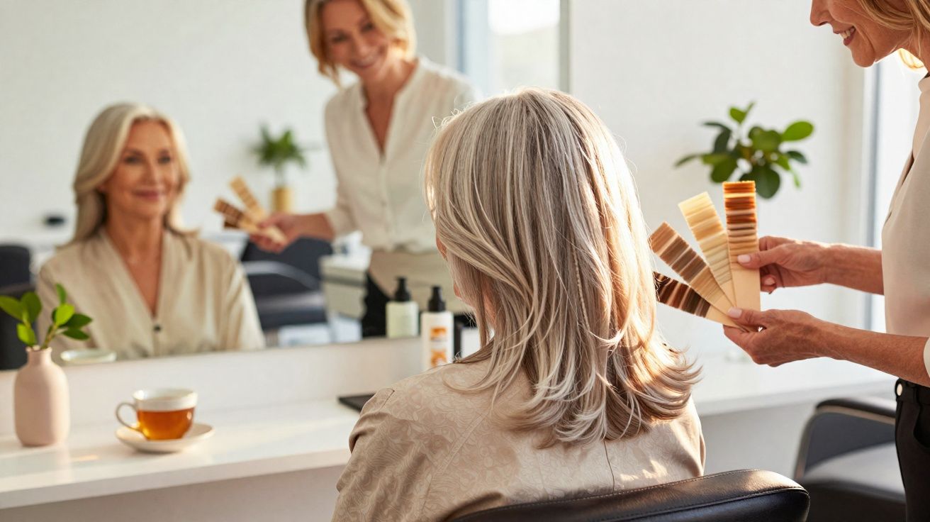 Mulher loira com cabelo grisalho sentada num salão de beleza, escolha de tons de cabelo junto ao espelho.