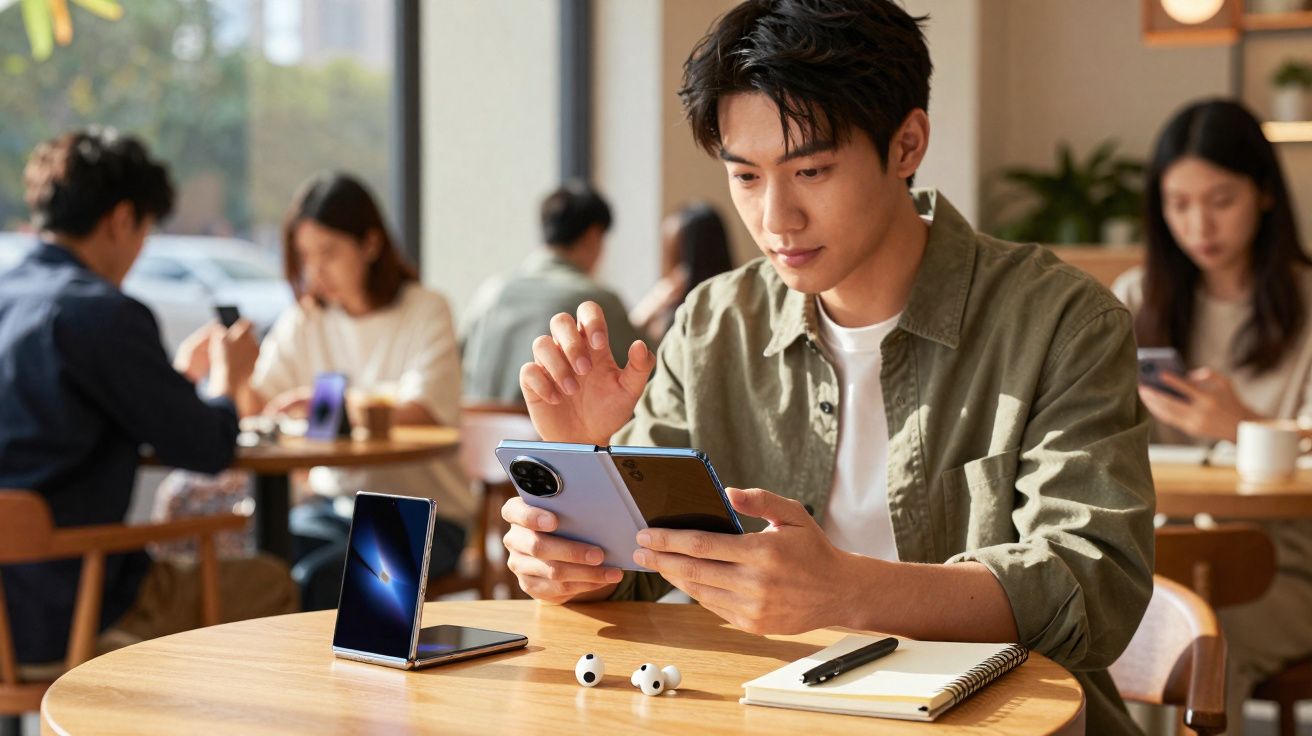 Jovem a usar telemóvel dobrável numa mesa de café com auscultadores e caderno à frente.