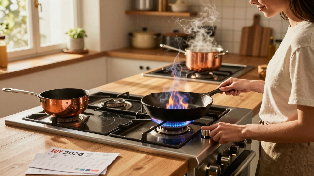 Pessoa a cozinhar com frigideira ao fogo, chamas visíveis na cozinha moderna e luminosa.
