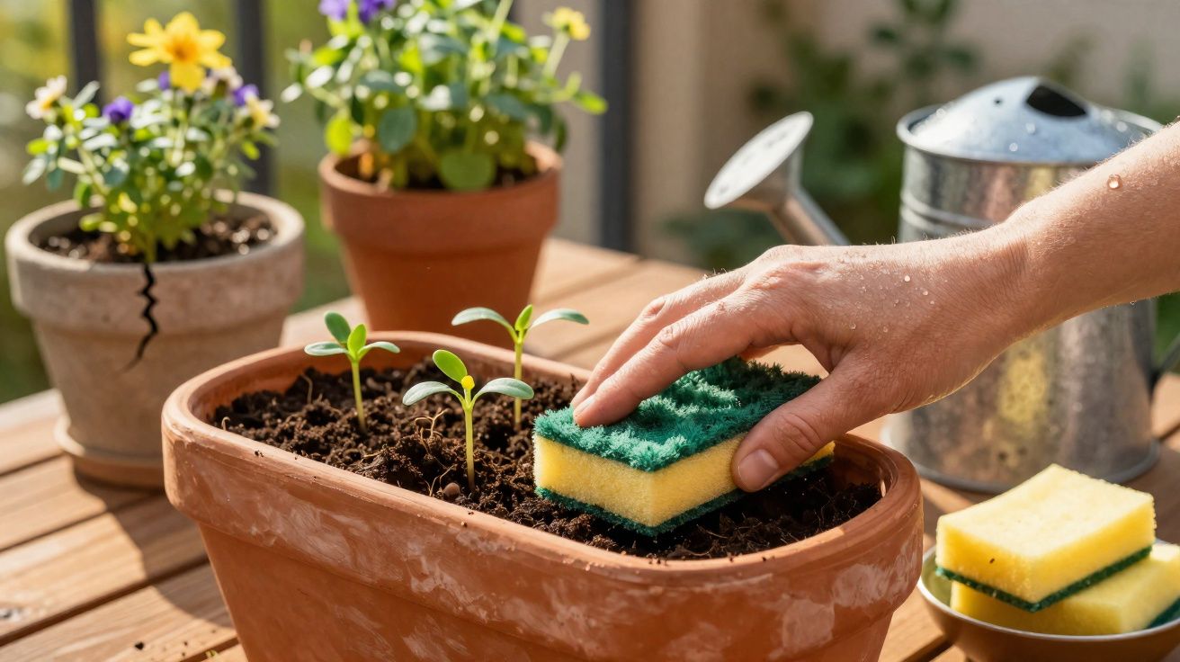 Mão a limpar terra com esponja em vaso com plantas jovens, plantas com flores e regador ao fundo.