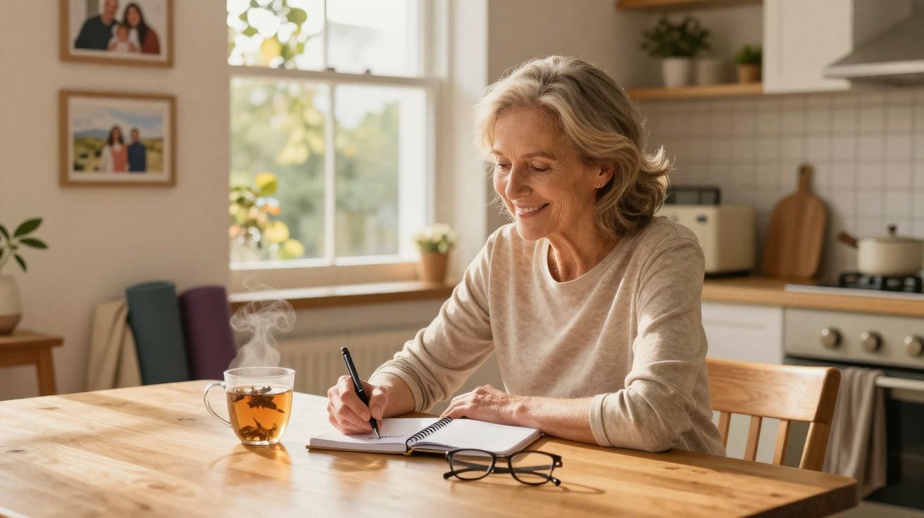 Mulher sorridente sentada à mesa a escrever num caderno, com chá quente ao lado, numa cozinha iluminada.