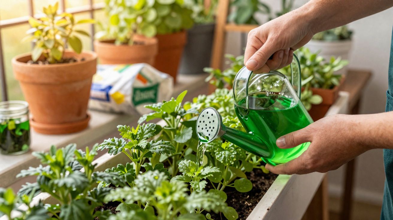 Pessoa a regar plantas verdes numa caixa de cultivo em ambiente interior com regador transparente.