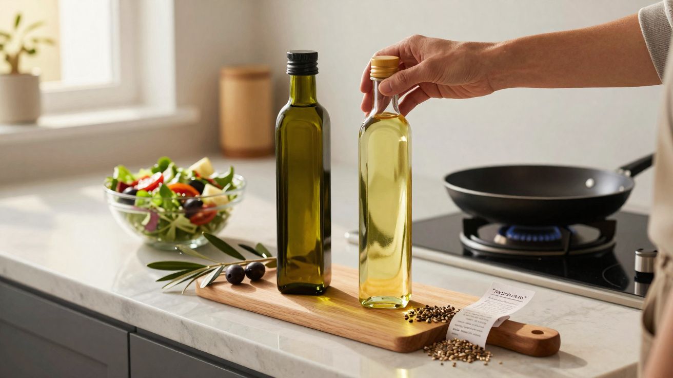 Mão a pegar garrafa de azeite numa cozinha com salada, frascos de azeite, e fogão com frigideira ao fundo.