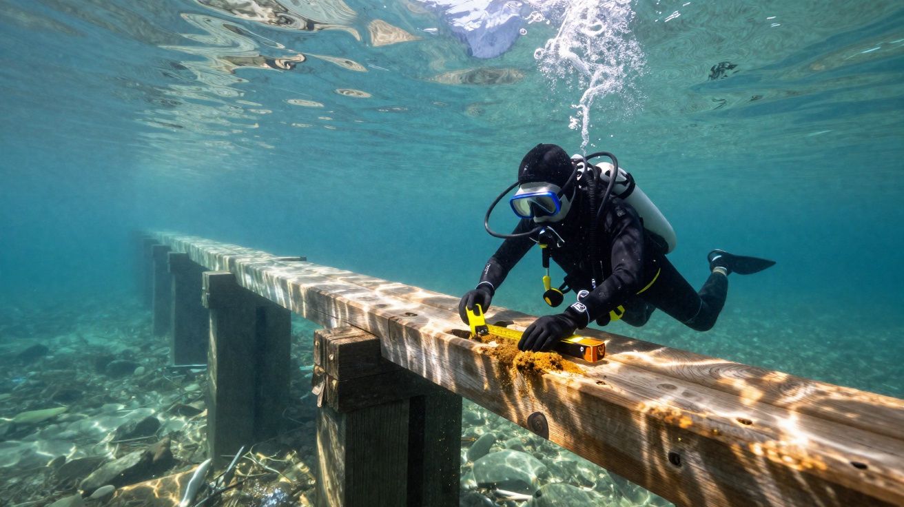 Mergulhador com fato de neopreno e equipamento a limpar ou inspecionar estrutura de madeira submersa.