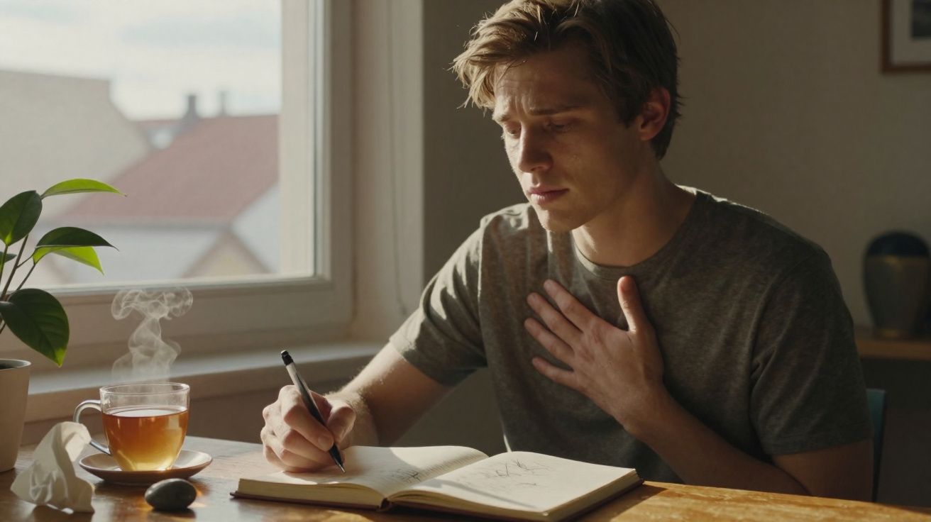 Homem sentado à mesa a escrever num caderno com chá quente e planta ao lado, expressão pensativa.