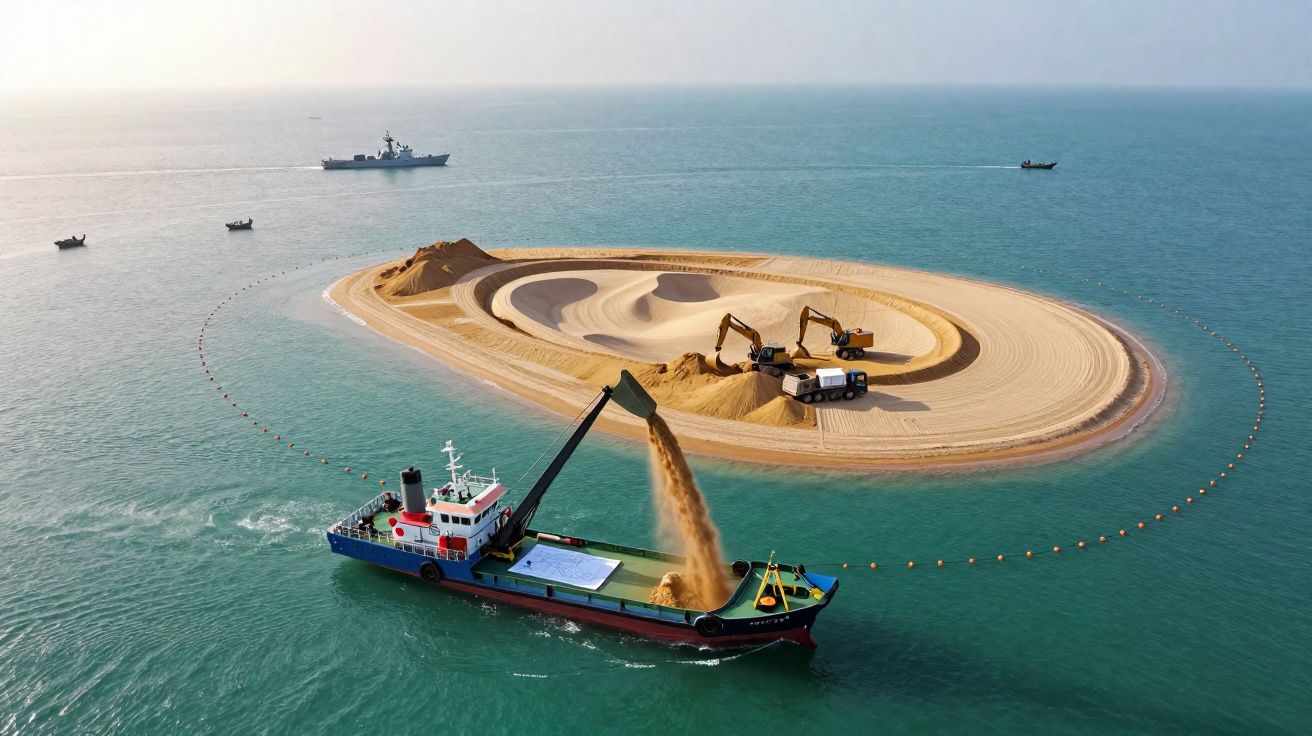Barco a transportar areia para ilha artificial circular com escavadoras e camião, no meio do mar calmo.