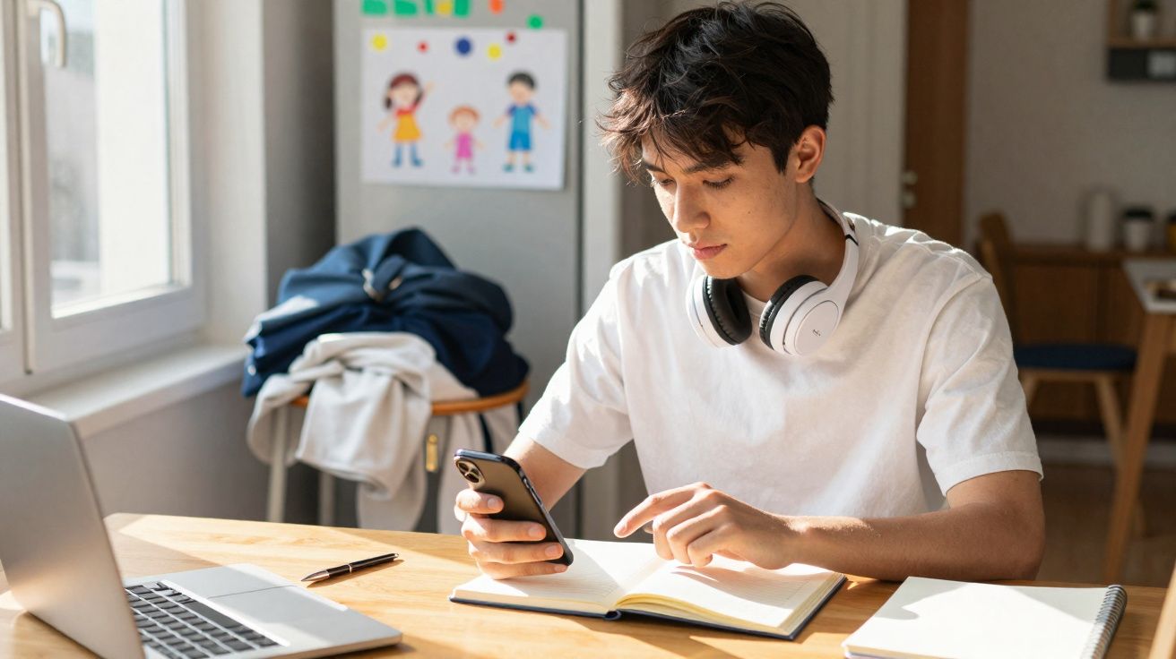 Jovem numa mesa de estudo com auscultadores, a consultar o telemóvel e a escrever num caderno.