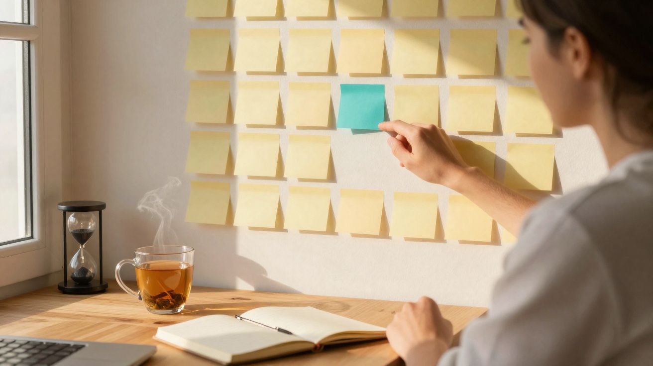 Pessoa a organizar notas autocolantes amarelas na parede, destacando uma azul, ao lado de chá quente e caderno aberto.