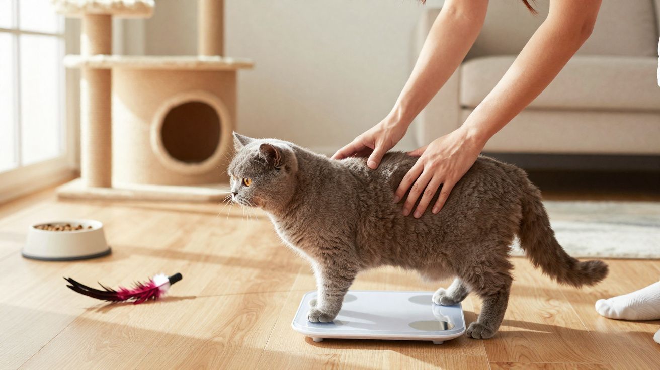 Gato cinzento em balança com mãos humanas a segurá-lo num ambiente interior luminoso.