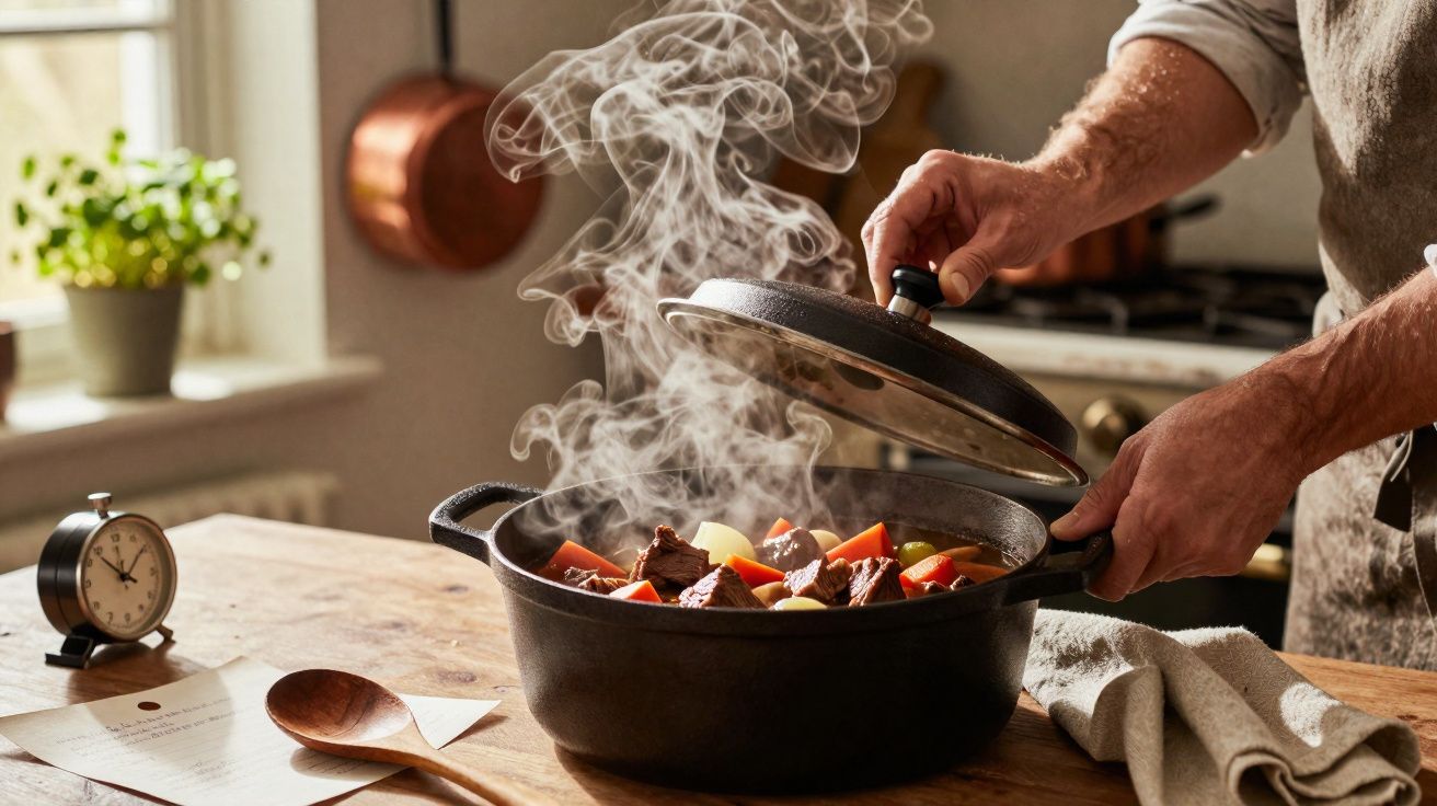 Pessoa a levantar tampa de panela com ensopado quente e fumegante numa cozinha rústica.