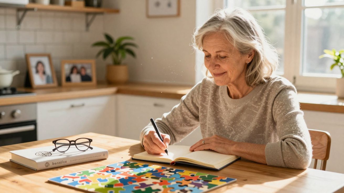 Mulher idosa sentada à mesa a escrever num caderno com um puzzle colorido à sua frente numa cozinha iluminada.