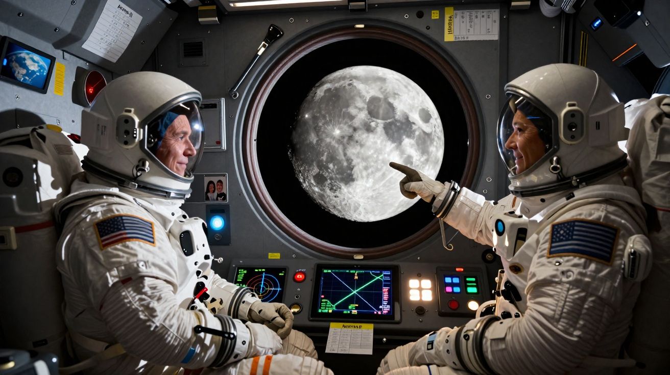 Dois astronautas dentro de uma nave espacial observam e apontam para a Lua visível pela janela circular.