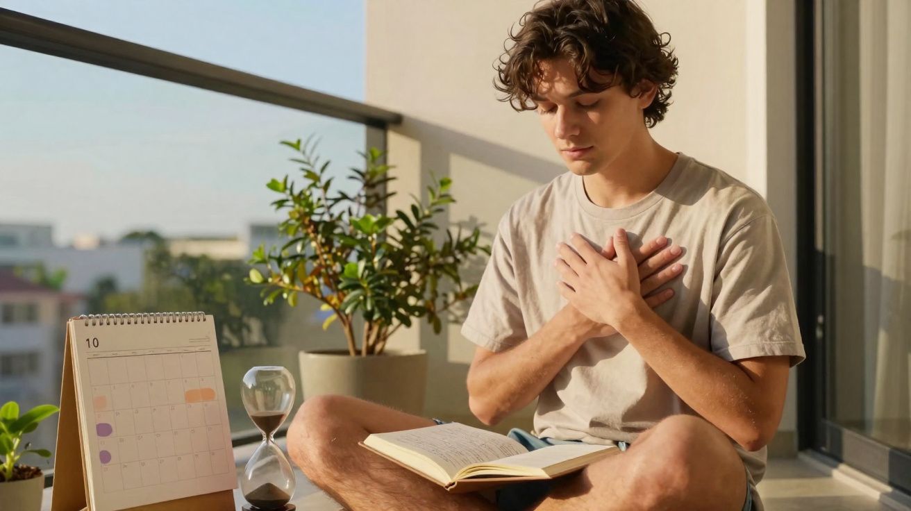 Jovem sentado de pernas cruzadas lê livro com mãos sobre o peito, rodeado de plantas e calendário.