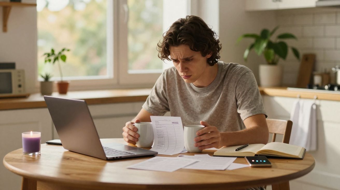 Homem jovem preocupado a ler documentos enquanto está à mesa com portátil e chá na cozinha.