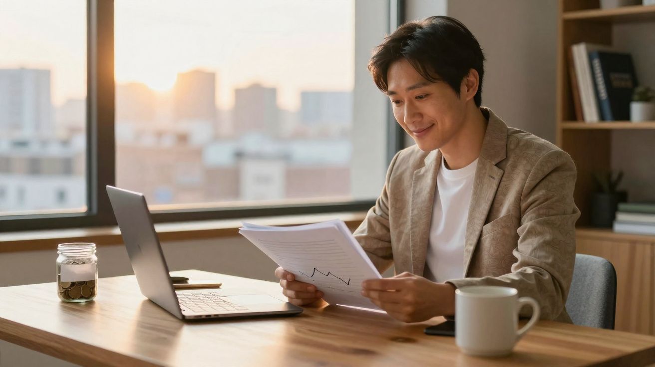 Homem a sorrir enquanto analisa gráficos num documento, sentado numa mesa com portátil e chávena.