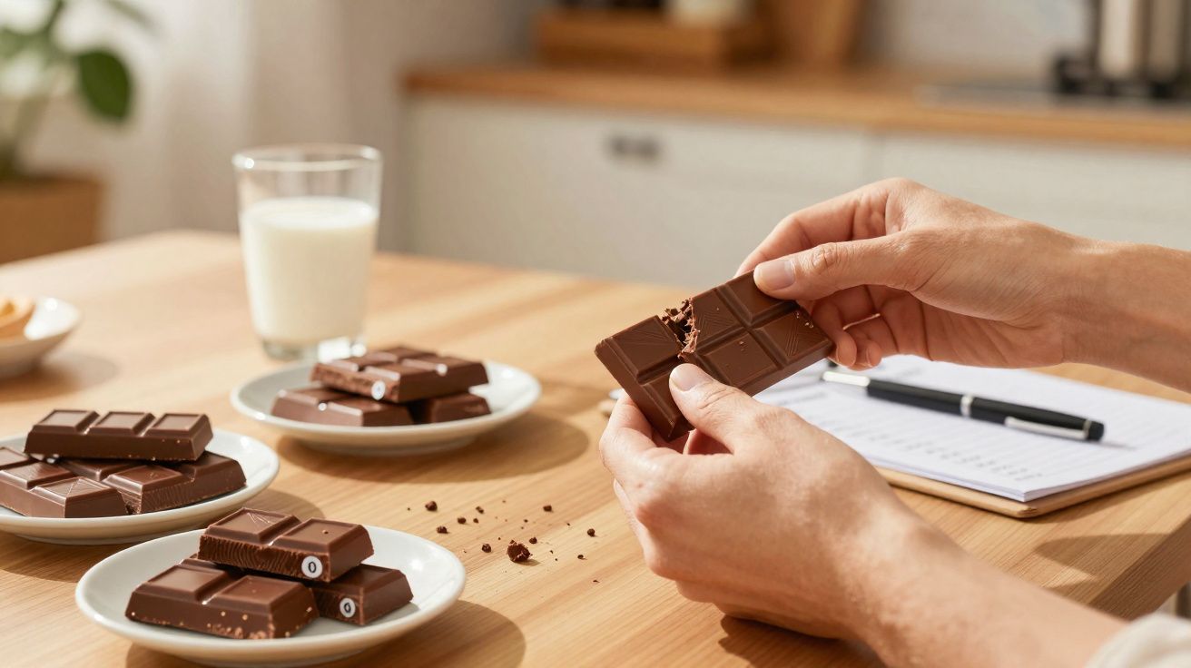 Mãos a partir uma barra de chocolate perto de 3 pratos com barras de chocolate e um copo de leite sobre a mesa.
