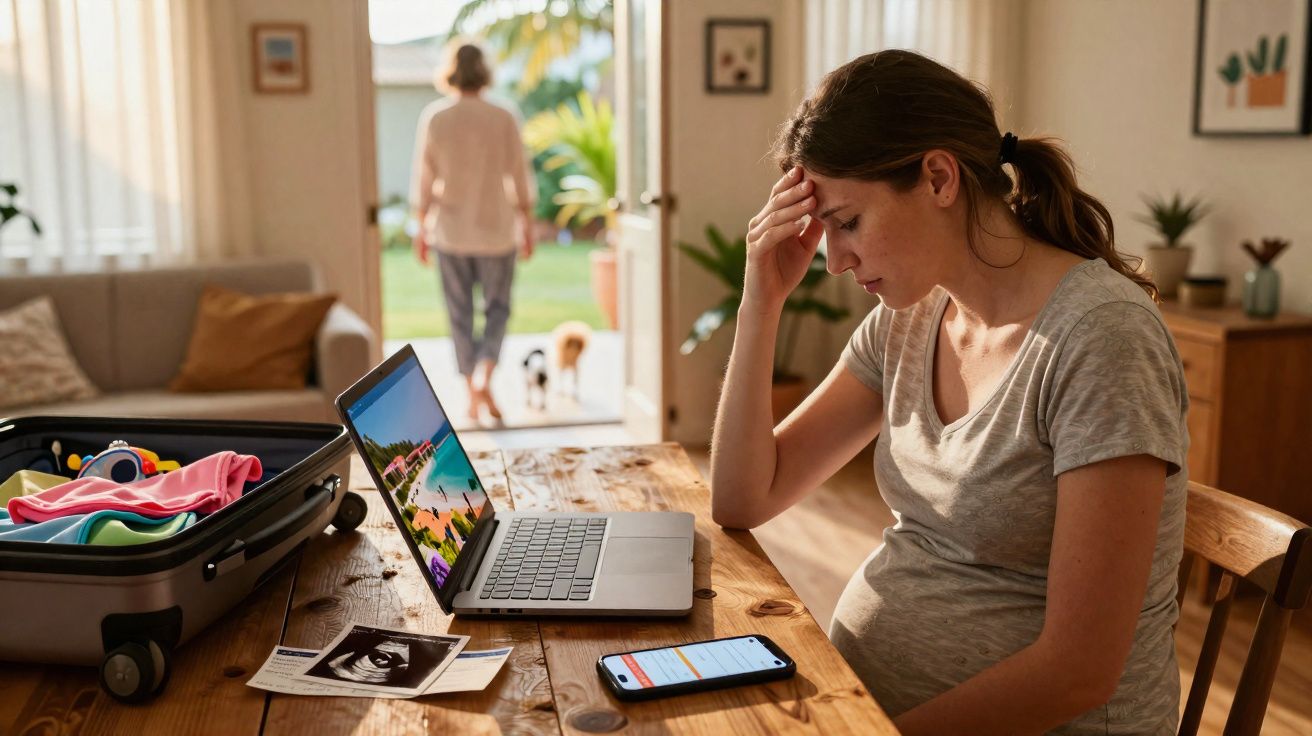 Mulher grávida preocupada sentada à mesa com computador, malas abertas e outra pessoa a sair pela porta de casa.