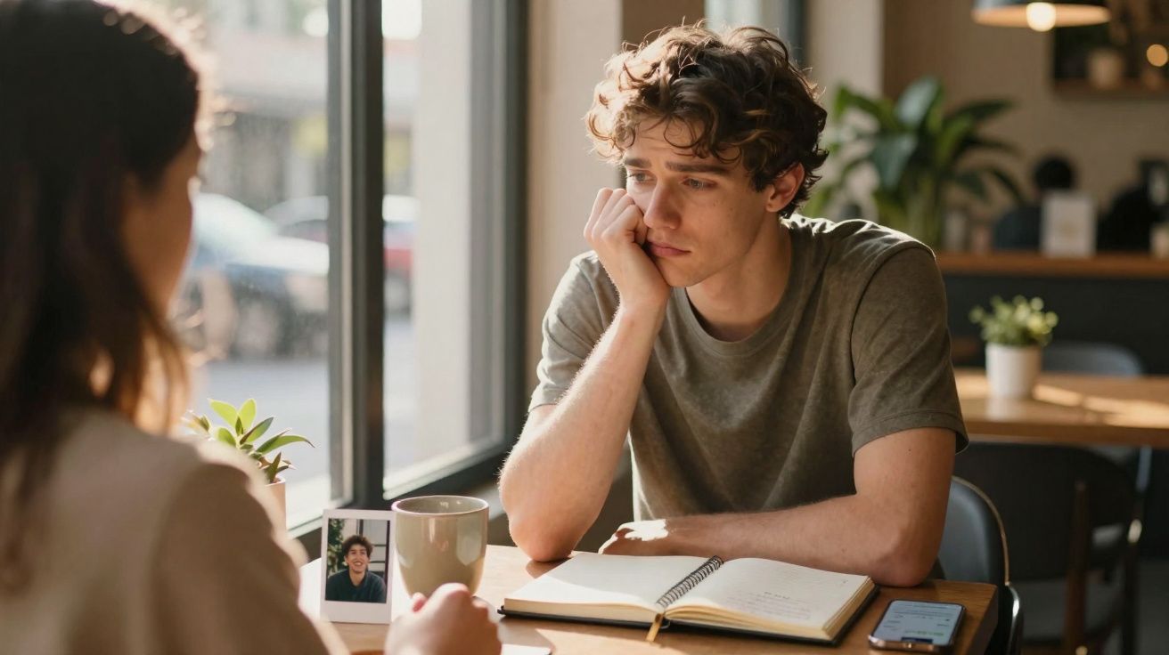 Homem jovem pensativo sentado numa mesa de café com caderno aberto e um retrato em moldura à frente.
