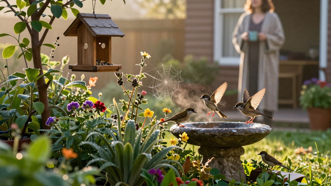 Pássaros em fonte de água num jardim com flores coloridas e pessoa ao fundo a beber chá.