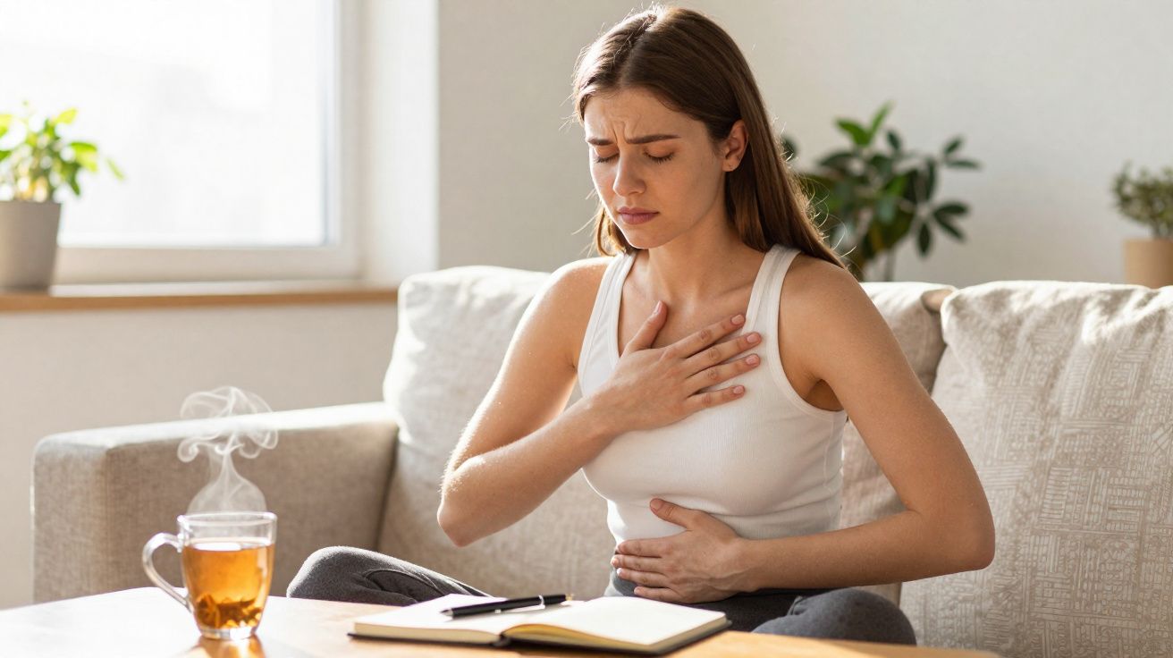 Mulher sentada no sofá com expressão de dor, segurando peito e abdómen, chá quente na mesa.
