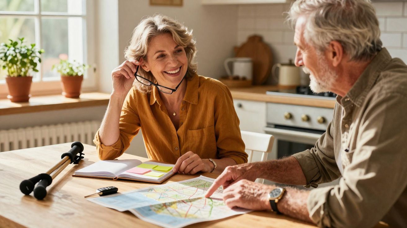 Casal sénior a planear uma viagem em casa, com mapa e material de escrita na mesa.