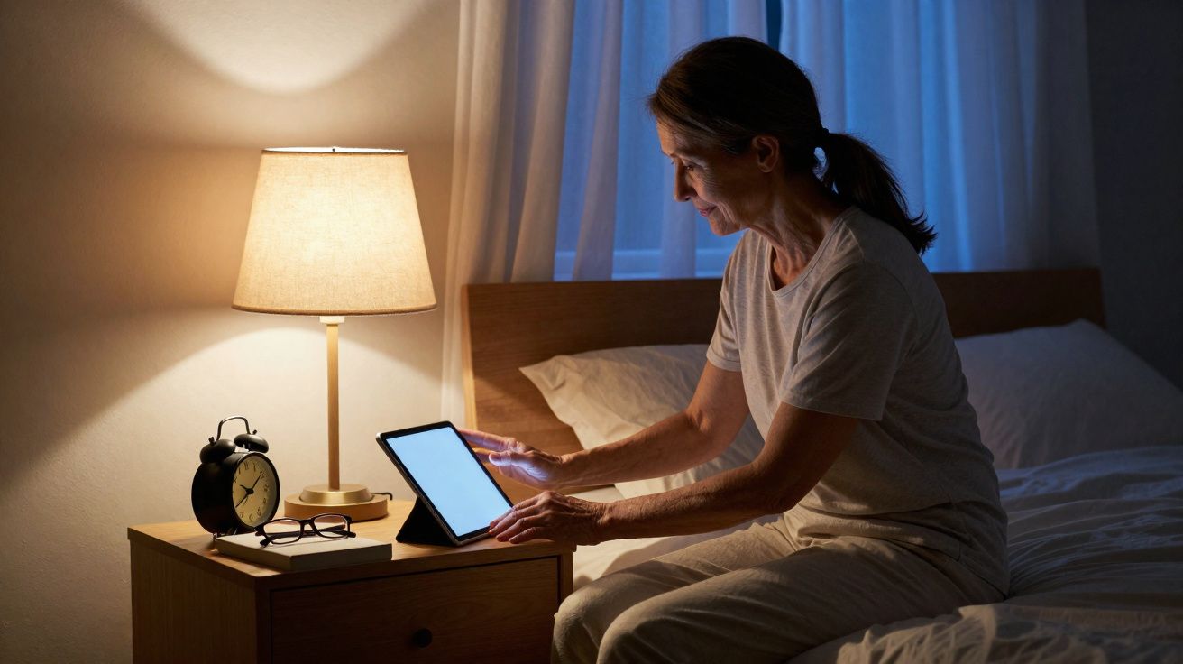 Mulher sentada na cama à noite, usando tablet ao lado de uma mesa de cabeceira com candeeiro e despertador.