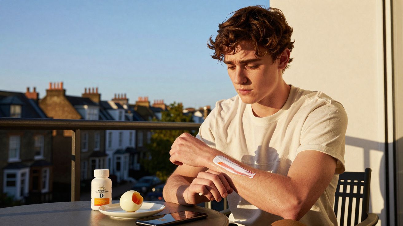 Homem aplica creme no antebraço sentado numa varanda ao pôr do sol com vitamina D e ovo na mesa.