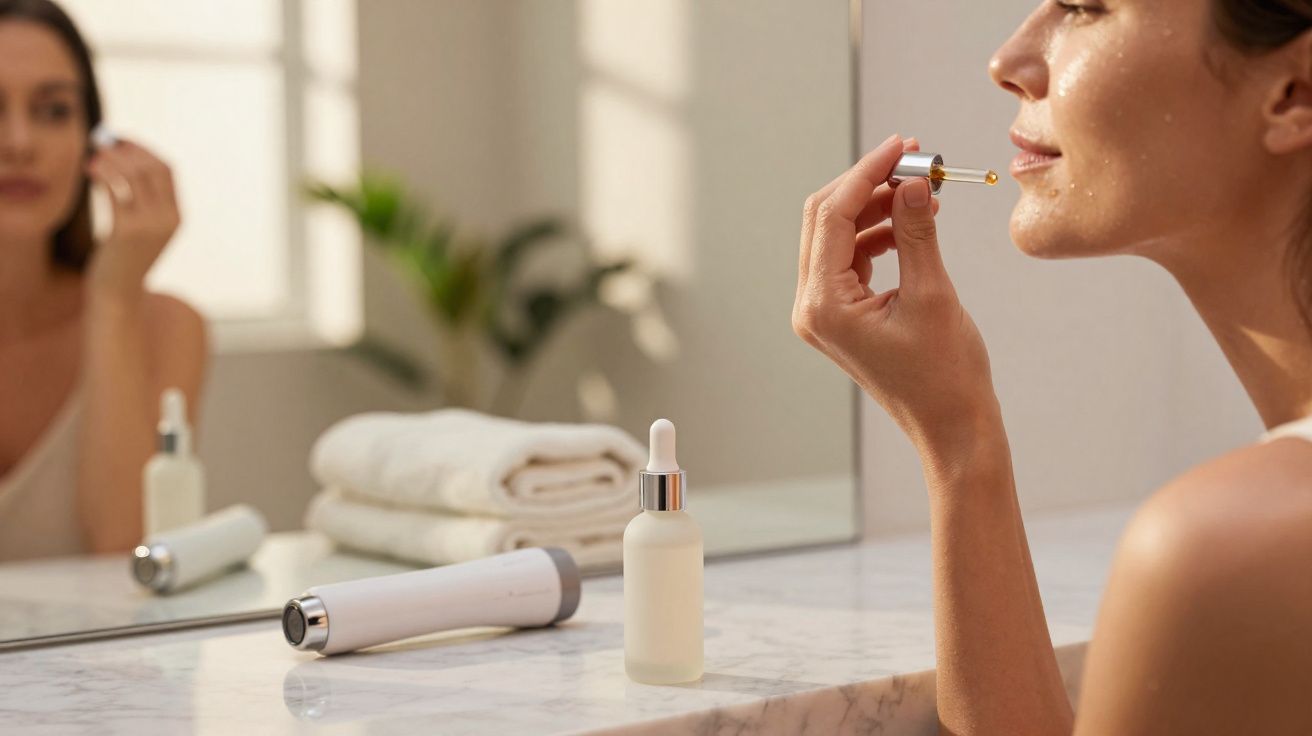 Mulher a aplicar sérum com conta-gotas no rosto em frente a um espelho no banheiro.