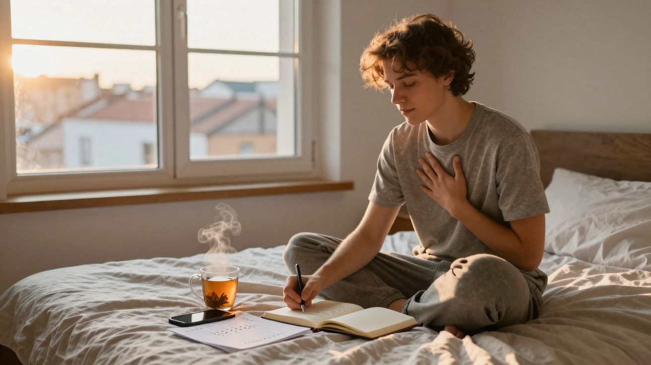 Rapaz sentado na cama escreve num caderno com chá quente e telemóvel ao lado, luz do sol entra pela janela.