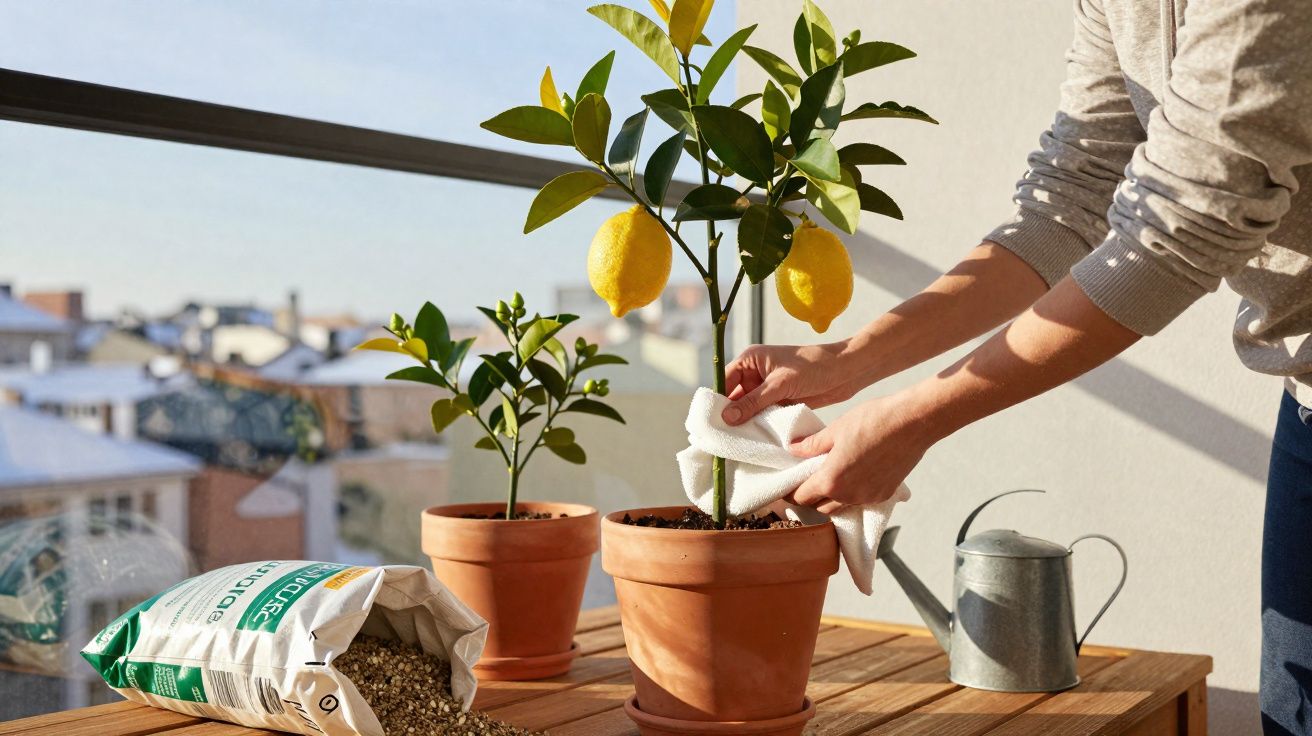 Pessoa a cuidar de limoeiro em vaso num terraço, com regador e saco de substrato ao lado.