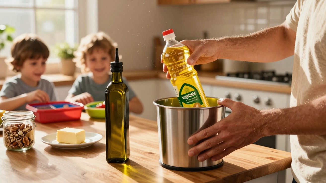 Adulto a colocar garrafa de óleo numa lata de reciclagem, crianças sentadas ao fundo na cozinha.