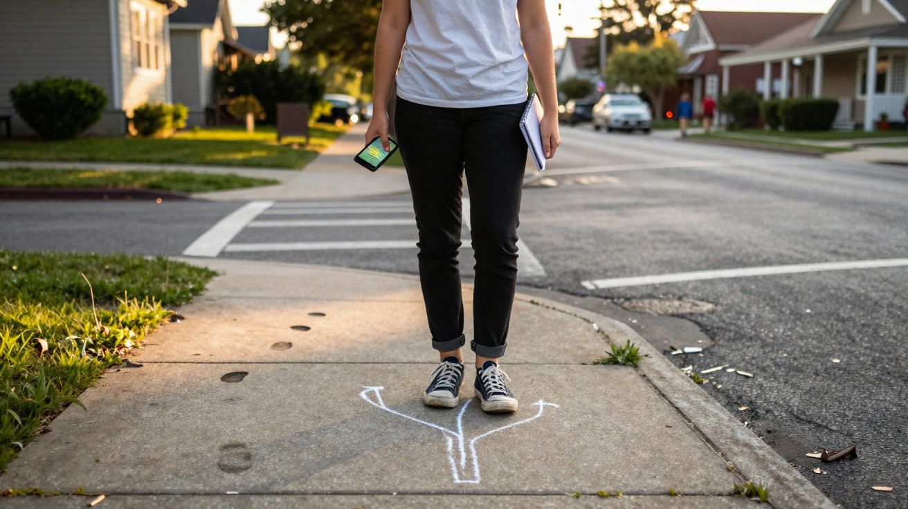 Pessoa em pé num passeio com desenhos de setas e pegadas a giz no chão, segurando telemóvel e caderno.