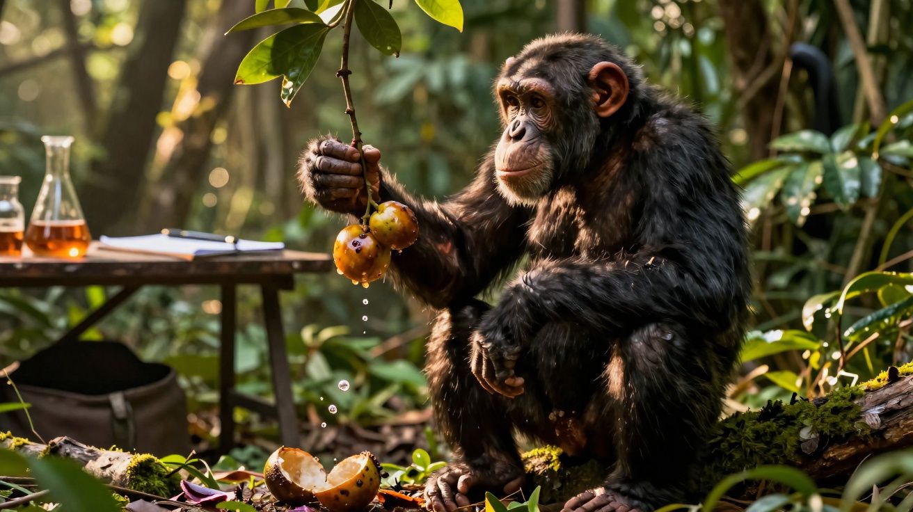 Chimpanzé sentado na floresta a segurar um ramo com frutos maduros húmidos a pingar água.